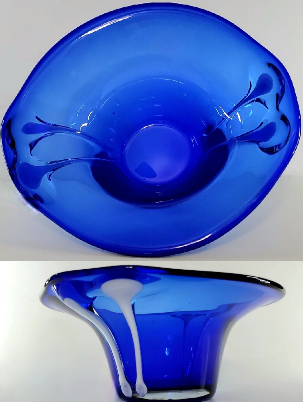 10 1/4" Bright Cobalt Blue White Cased Art Glass Free-form Bowl - Picture 9 of 16